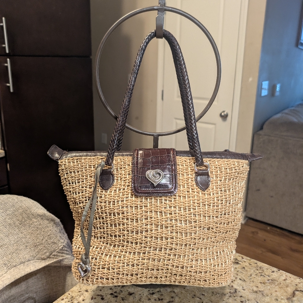 Brighton Woven Straw Tote with Dark Brown Leather Trim